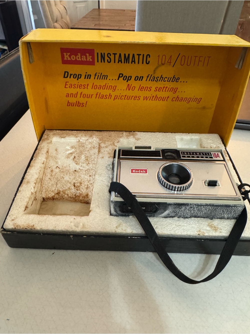 Vintage Kodak Instamatic 104 Camera in Silver with Black Strap and Yellow Box